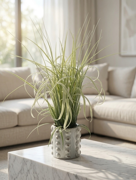 Unique Vintage Other - Artificial Grass Houseplant Arrangement Ribbed Textured Ceramic Pot Planter VG